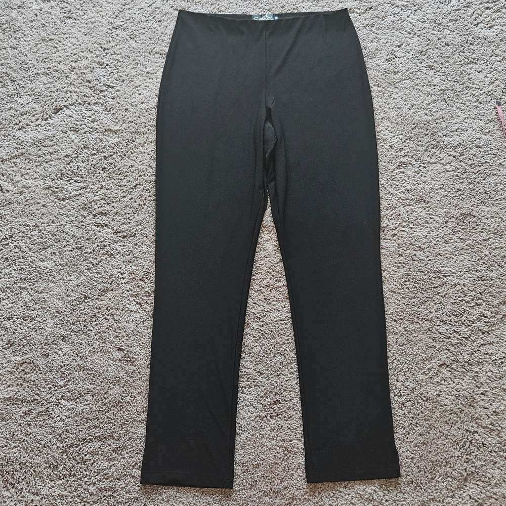 Sympli Straight Leg Cropped Pants Size 12 Black Side Slit Stretch Jersey Pull On